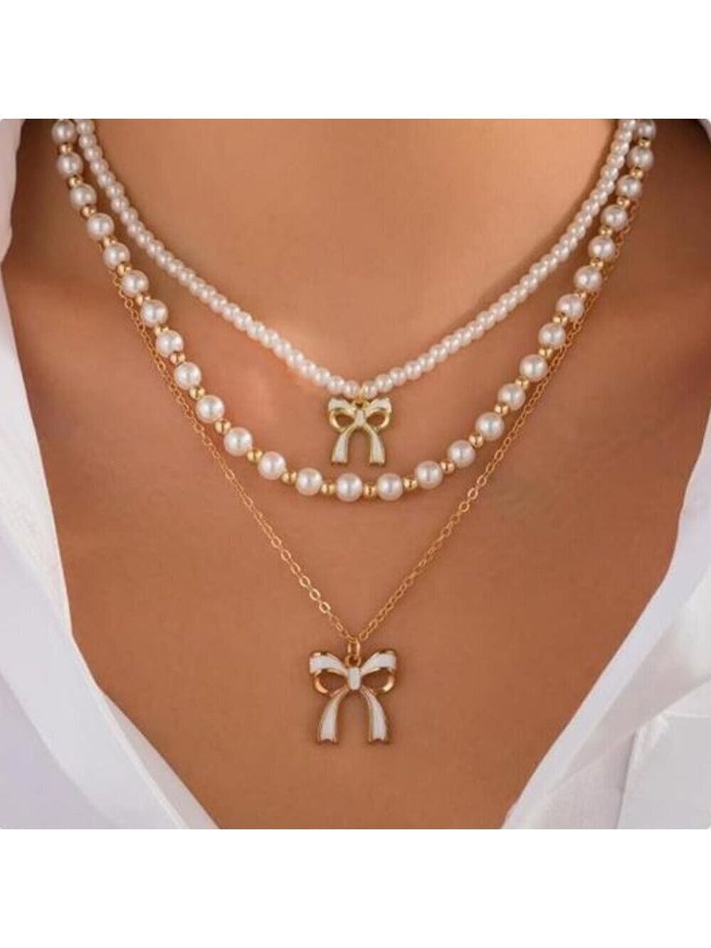 3 Pcs Gold Tone and Faux Pearl Layered Chunky Statement Stackable Necklaces